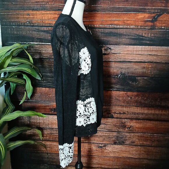 INC International Concepts Sweater L Black Sheer Lace Asymmetrical Zip - Picture 7 of 9
